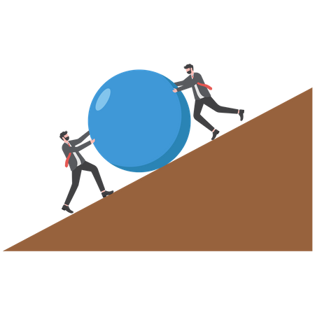 Businessman carry a big blue ball and step up the mountain  Illustration
