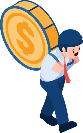 Flat 3 D Isometric Businessman Carry Money And Going Forward Finance Effort And Debt Concept Illustration