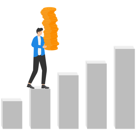 Businessman carry money coin stack walk up growth graph  Illustration