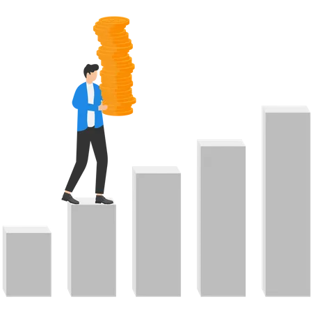 Businessman carry money coin stack walk up growth graph  Illustration