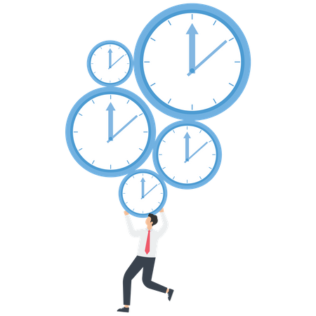 Businessman carrying a bunch of clocks on his hands  Illustration