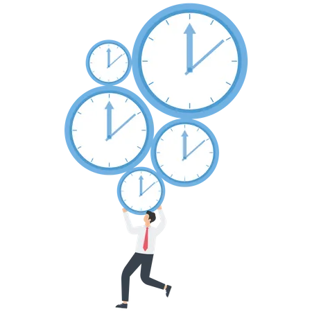 Businessman carrying a bunch of clocks on his hands  Illustration