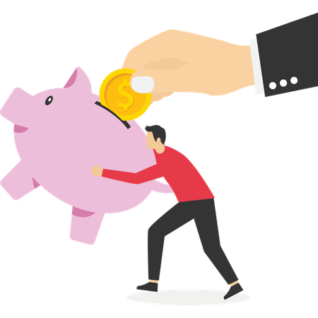 Businessman carrying a piggy bank with hand depositing a coin inside  Illustration