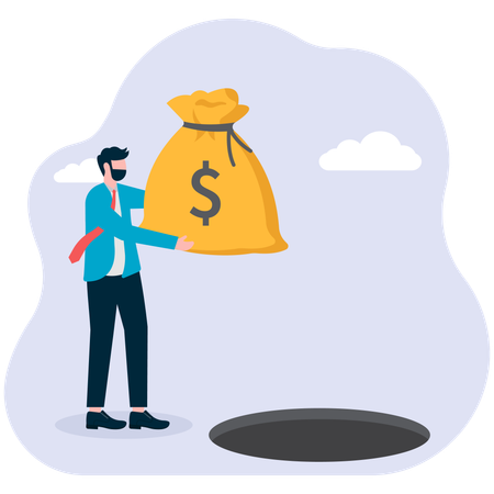 Businessman carrying a stack of coins is about to step into the pit  Illustration