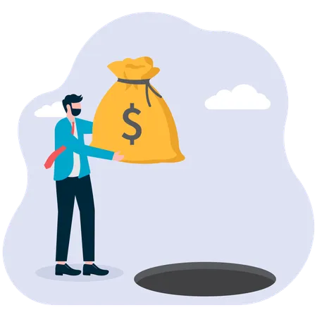 Businessman carrying a stack of coins is about to step into the pit  Illustration