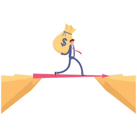 Businessman carrying bag of money walking cross the cliff  Illustration
