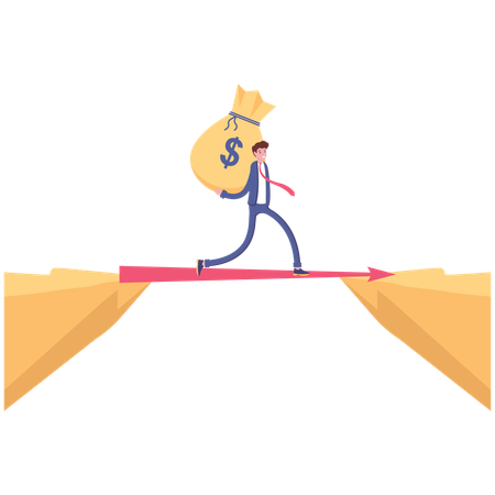 Businessman carrying bag of money walking cross the cliff  Illustration