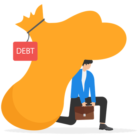Businessman carrying big bag on his back having financial problems  Illustration