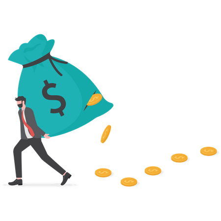 Businessman carrying big debt money bag losing money  Illustration