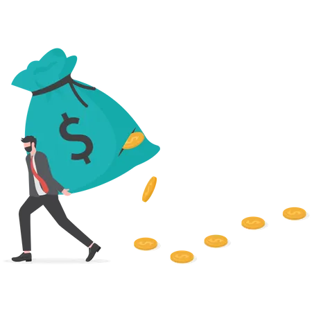 Businessman carrying big debt money bag losing money  Illustration