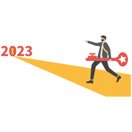 Businessman carrying big heavy gold keys to unlock 2023 keyhole  Illustration