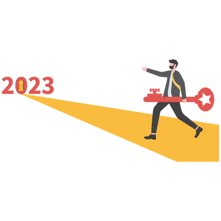 Businessman carrying big heavy gold keys to unlock 2023 keyhole  Illustration