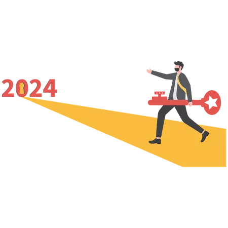 Businessman carrying big heavy gold keys to unlock 2024 keyhole  Illustration