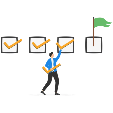 Checklist For Completed Tasks Project Checkbox Or Achievement List And Approval Document Concept Businessman Carrying Big Tick To Put On Completed Task For Project Tracking Illustration