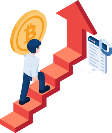 Flat 3 D Isometric Businessman Carrying Bitcoin Step Up On Financial Arrow Bitcoin Investment And Financial Concept Illustration