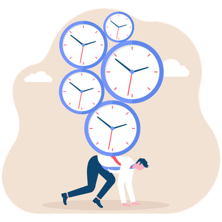 Businessman carrying bunch of clocks on his back  Illustration