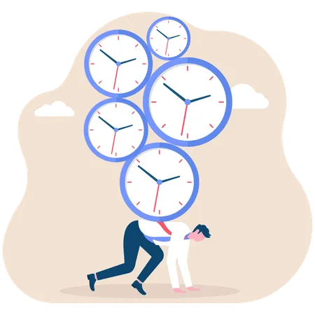 Businessman carrying bunch of clocks on his back  Illustration