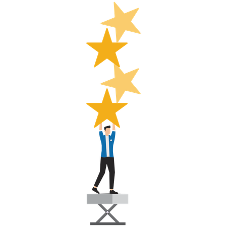 Businessman carrying five stars aligned vertically on his back with fatigue  Illustration