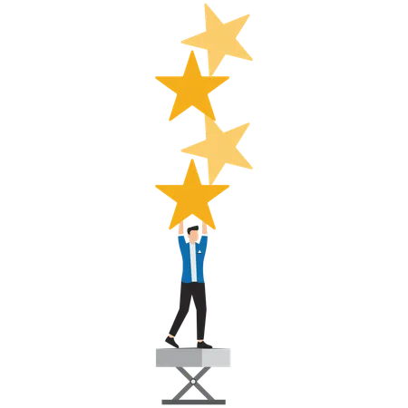 Businessman carrying five stars aligned vertically on his back with fatigue  Illustration