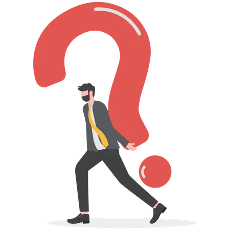 Businessman carrying heavy big question mark sign burden  Illustration