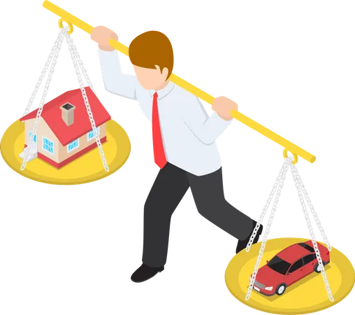 Flat 3 D Isometric Businessman Carrying House And Car On His Shoulder Loan And Debt Concept Illustration