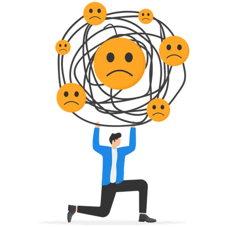 Businessman carrying huge cloud of negative emoticons above his head  Illustration