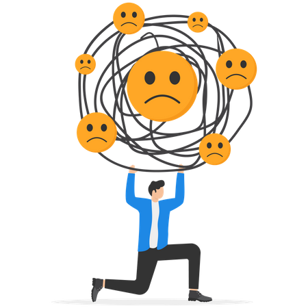 Businessman carrying huge cloud of negative emoticons above his head  イラスト