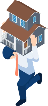 Flat 3 D Isometric Businessman Carrying A House On His Back Mortgage Loan And Debt Concept Illustration