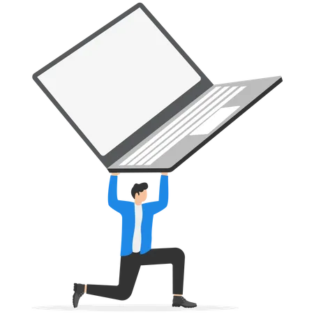 Businessman Carrying Huge With Computer Frustrated Computer User Office Life Makes Him Crazy Flat Vector Illustration Illustration