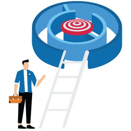 Businessman carrying ladder to climb up maze  Illustration