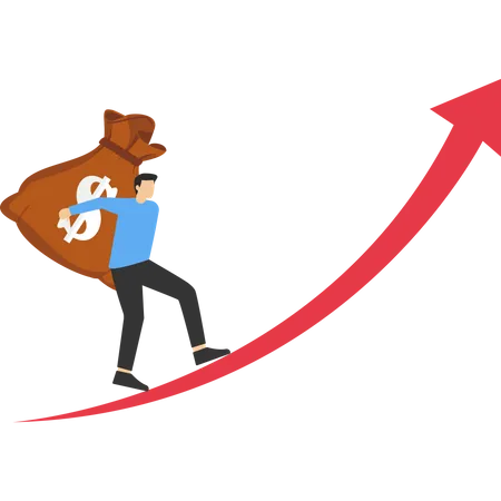 Businessman carrying money and walking on growth chart  Illustration