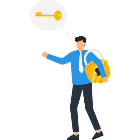 Businessman Carrying Padlock Thinking of Key Solution Strategy  Illustration