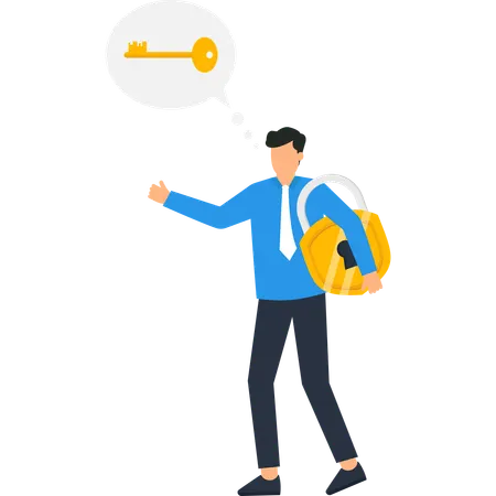 Businessman Carrying Padlock Thinking of Key Solution Strategy  Illustration