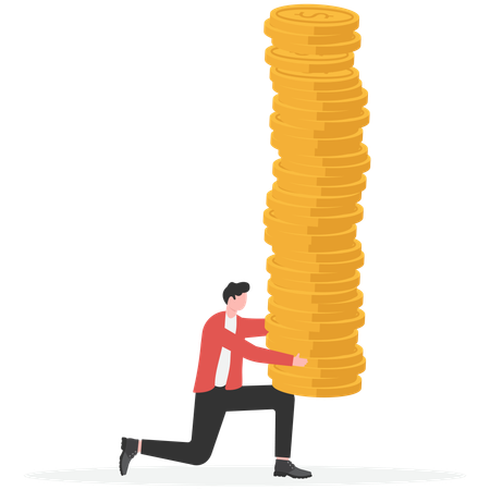 Businessman carrying piles of gold coins  Illustration