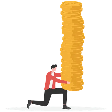 Businessman carrying piles of gold coins  Illustration