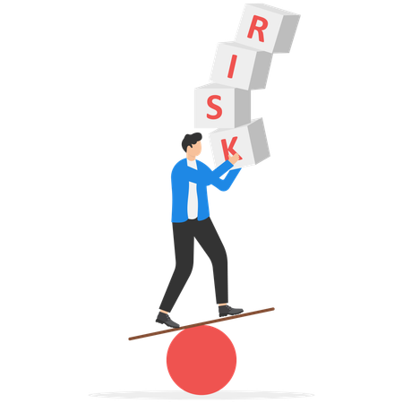 Businessman carrying risk blocks and balancing not to fail from walking on ball  Illustration