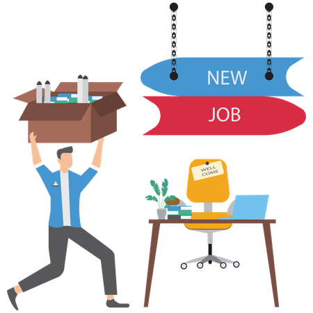 Businessman carrying stuff in box and moving to new job symbolizing career change and new opportunities  Illustration
