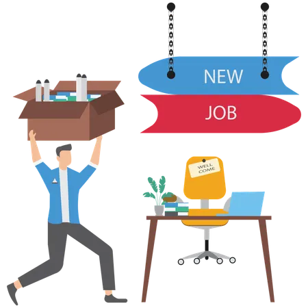 Businessman carrying stuff in box and moving to new job symbolizing career change and new opportunities  Illustration