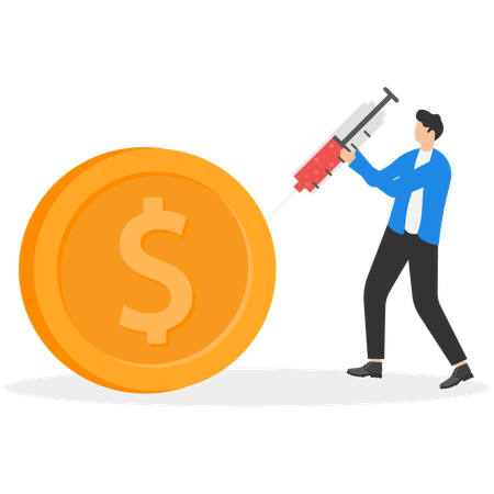 Businessman carrying syringe of money medicine to inject broke dollar coin  Illustration