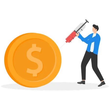 Businessman carrying syringe of money medicine to inject broke dollar coin  Illustration
