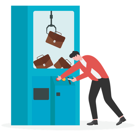 Businessman catching briefcase using robotic arm in Game Machine  Illustration