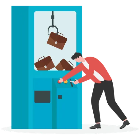 Businessman catching briefcase using robotic arm in Game Machine  Illustration