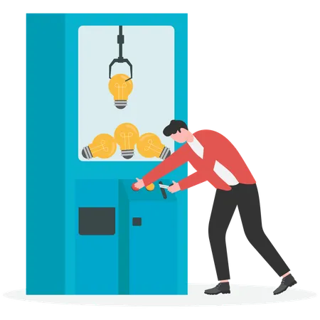 Businessman catching bulb using robotic arm in Game Machine  Illustration