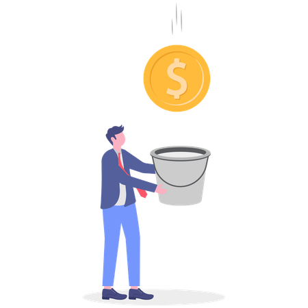 Businessman catching coin in bucket  Illustration
