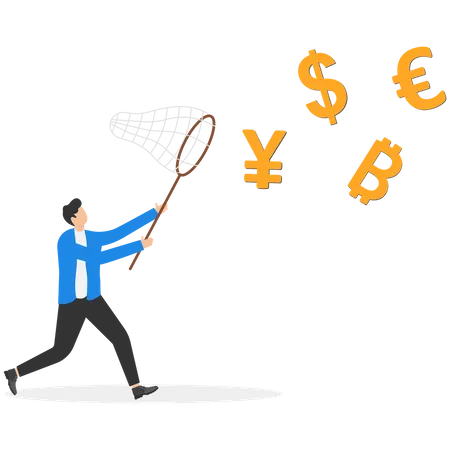 Businessman Holding Butterfly Net Catches Dollar Euro Yuan Bitcoin Money Growth Wealth Exchange Flat Vector Illustration Illustration