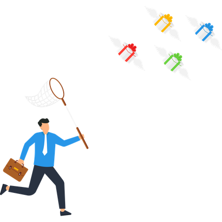 Businessman Catching Flying Gifts Net Opportunity Success Achievement  Illustration