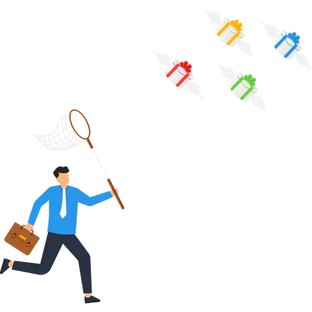 Businessman Catching Flying Gifts Net Opportunity Success Achievement  Illustration