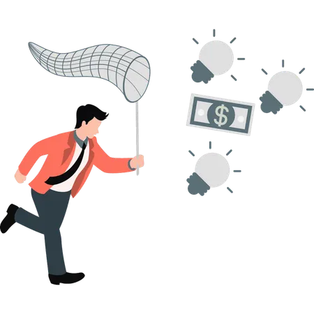 Businessman catching idea bulb in net  Illustration