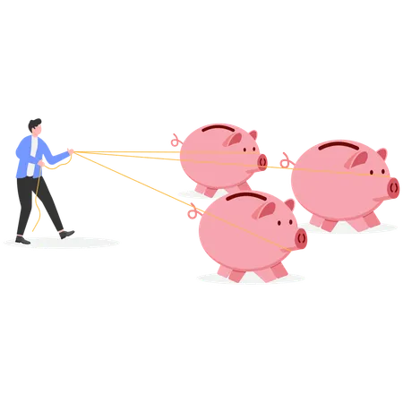 Businessman catching many piggy bank's at a time  Illustration