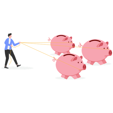 Businessman catching many piggy bank's at a time  Illustration